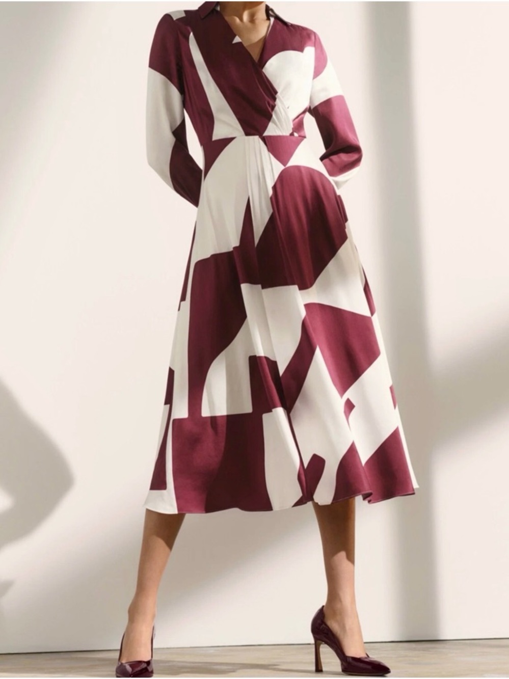 The Fold London Iverna Midi Dress | Plum Ivory Geometric Viscose Twill | US 2